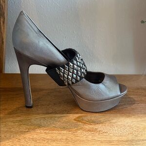 Vince Camuto Metallic Silver Peep-Toe Platform Pump with Studded Strap